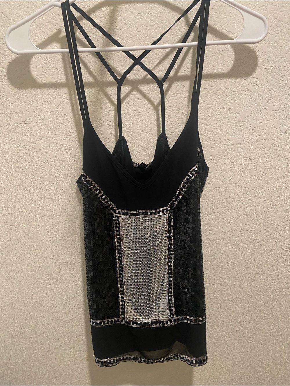 Express Black Sequin Camisole with Silver Panel